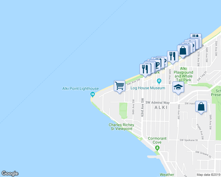 map of restaurants, bars, coffee shops, grocery stores, and more near 3055 Alki Avenue Southwest in Seattle