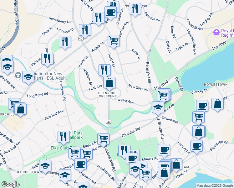 map of restaurants, bars, coffee shops, grocery stores, and more near 5 Glenridge Crescent in St. John's