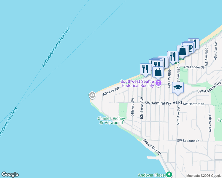 map of restaurants, bars, coffee shops, grocery stores, and more near 3055 Alki Avenue Southwest in Seattle