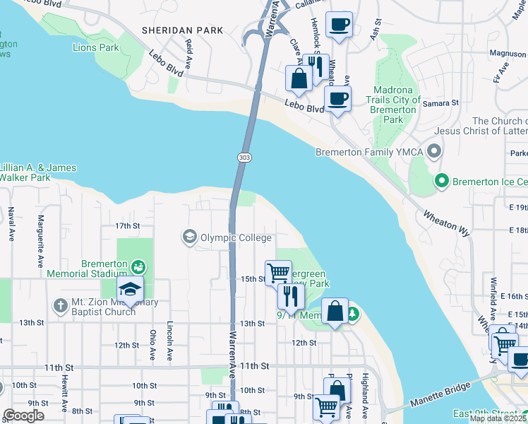 map of restaurants, bars, coffee shops, grocery stores, and more near 1735 Park Avenue in Bremerton