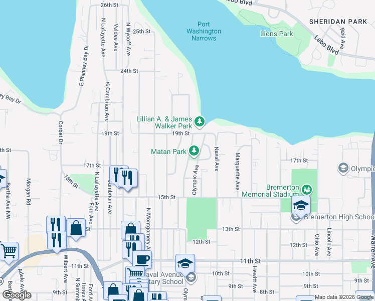 map of restaurants, bars, coffee shops, grocery stores, and more near 1713 Bloomington Avenue in Bremerton