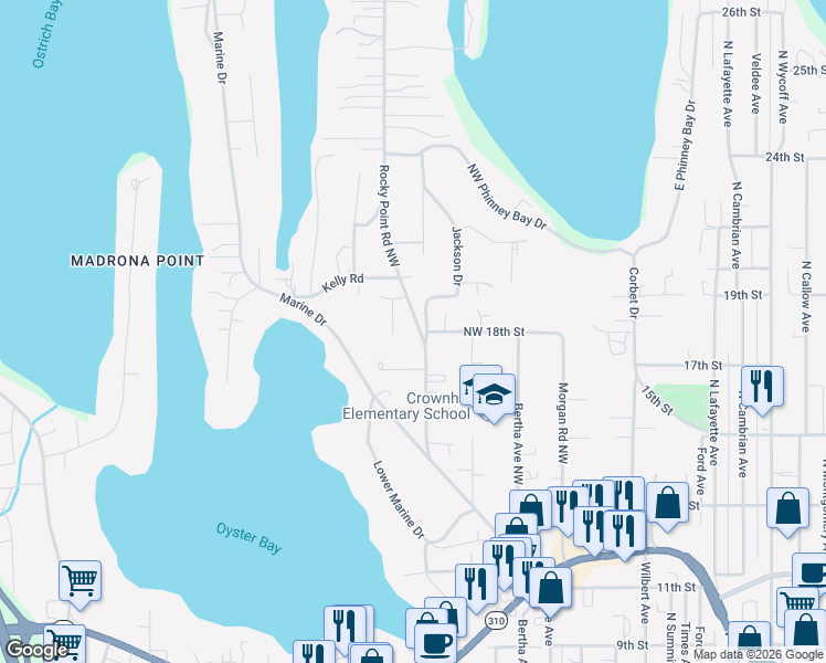 map of restaurants, bars, coffee shops, grocery stores, and more near 1729 Rocky Point Road Northwest in Bremerton