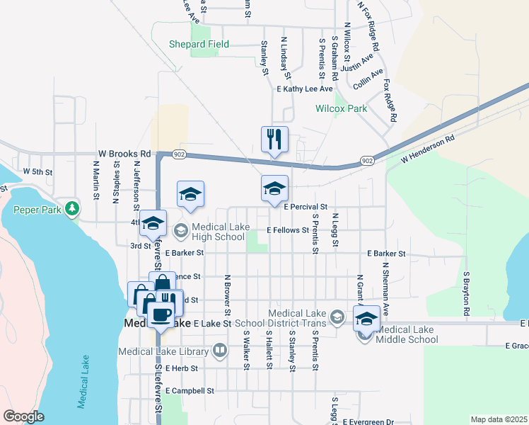 map of restaurants, bars, coffee shops, grocery stores, and more near 521 East Fellows Street in Medical Lake