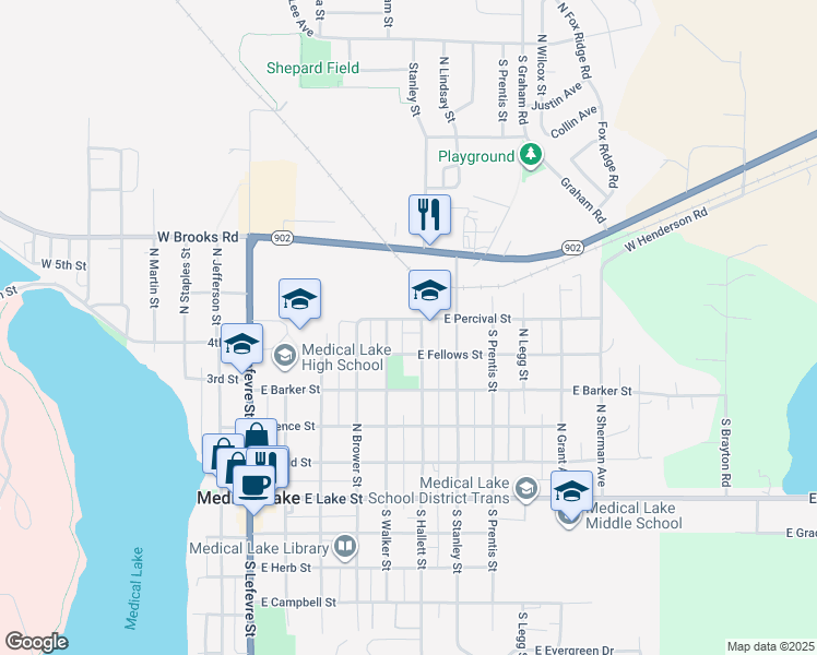 map of restaurants, bars, coffee shops, grocery stores, and more near 521 East Fellows Street in Medical Lake