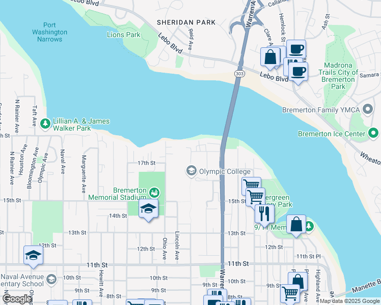 map of restaurants, bars, coffee shops, grocery stores, and more near 1660 Chester Avenue in Bremerton