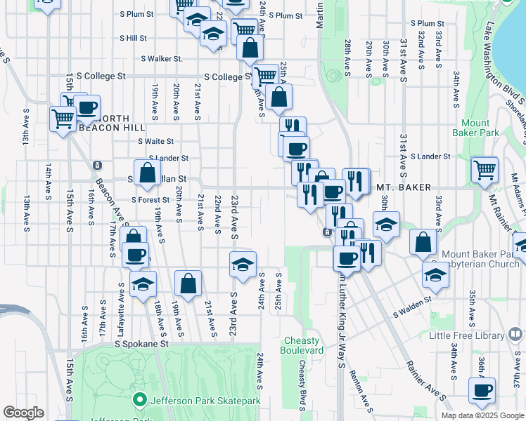 map of restaurants, bars, coffee shops, grocery stores, and more near 2375 South Forest Street in Seattle