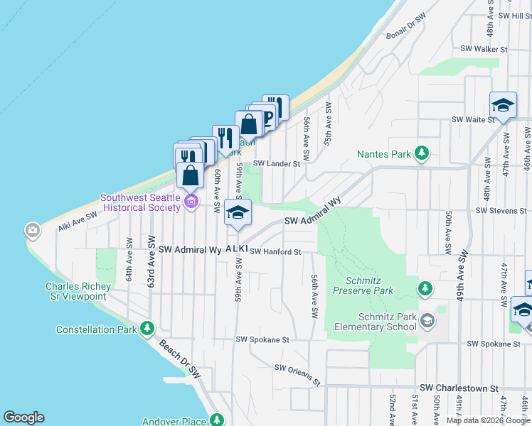 map of restaurants, bars, coffee shops, grocery stores, and more near 5723 Southwest Stevens Street in Seattle