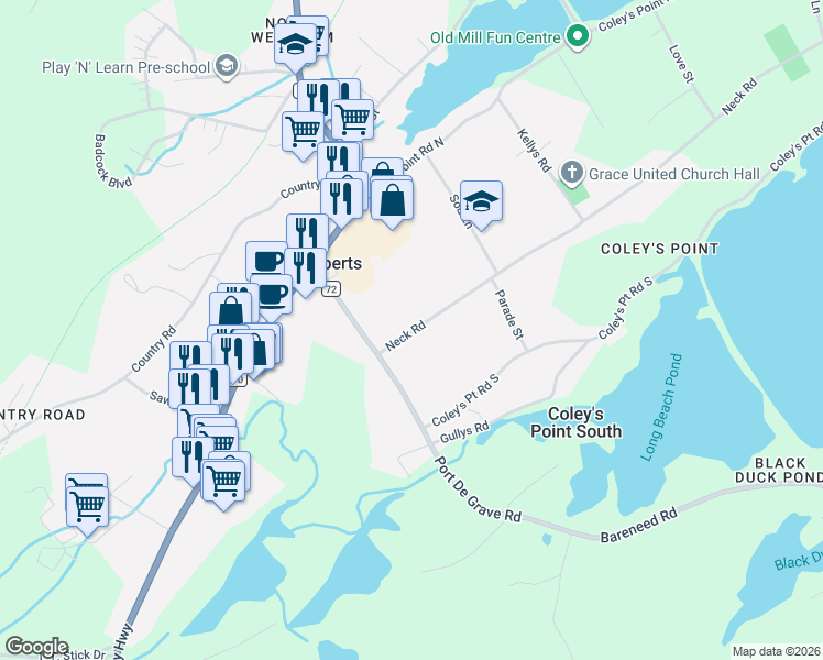 map of restaurants, bars, coffee shops, grocery stores, and more near Neck Road in Coley's Point South