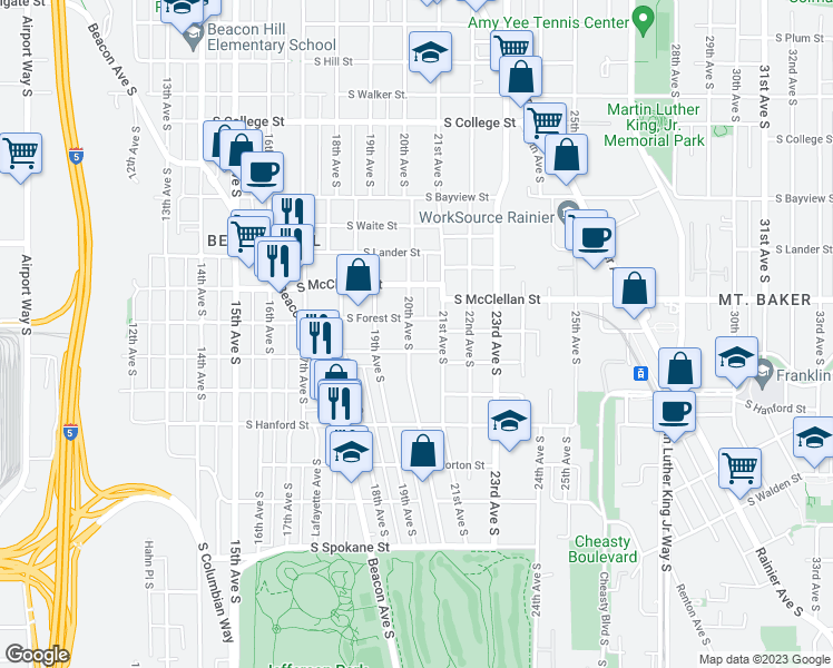 map of restaurants, bars, coffee shops, grocery stores, and more near 2910 20th Avenue South in Seattle