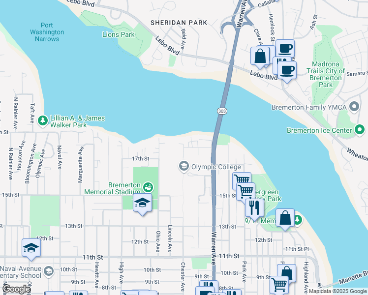 map of restaurants, bars, coffee shops, grocery stores, and more near 1709 Chester Avenue in Bremerton
