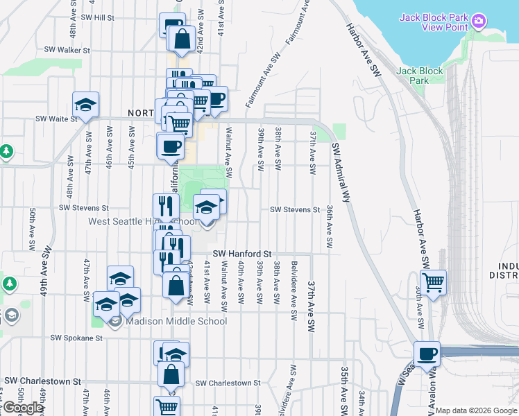 map of restaurants, bars, coffee shops, grocery stores, and more near 4004 Southwest Stevens Street in Seattle