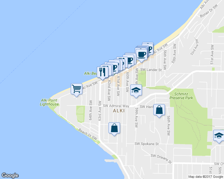 map of restaurants, bars, coffee shops, grocery stores, and more near 3027 62nd Avenue Southwest in Seattle