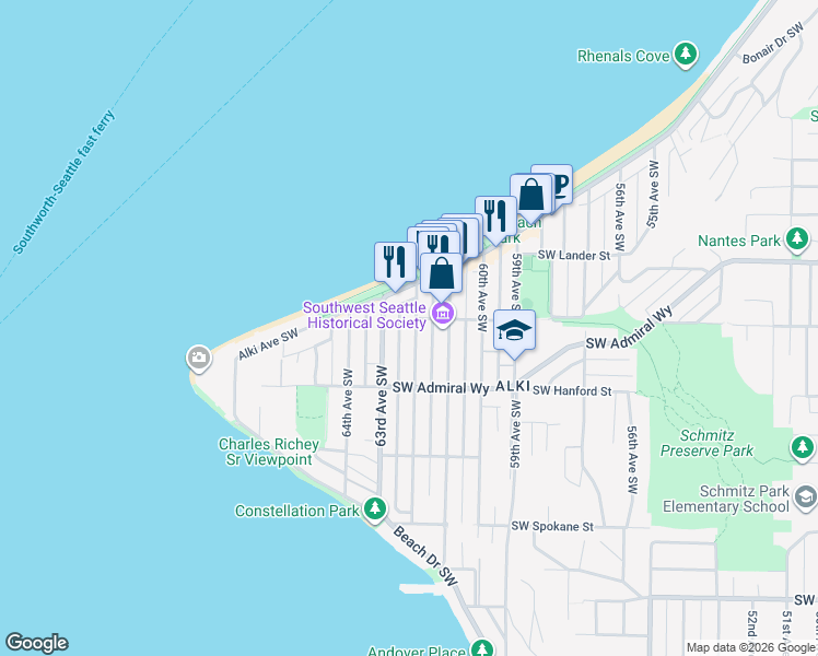 map of restaurants, bars, coffee shops, grocery stores, and more near 3027 62nd Avenue Southwest in Seattle