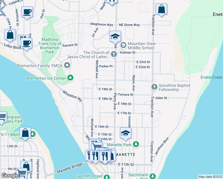 map of restaurants, bars, coffee shops, grocery stores, and more near 1805 Perry Avenue in Bremerton