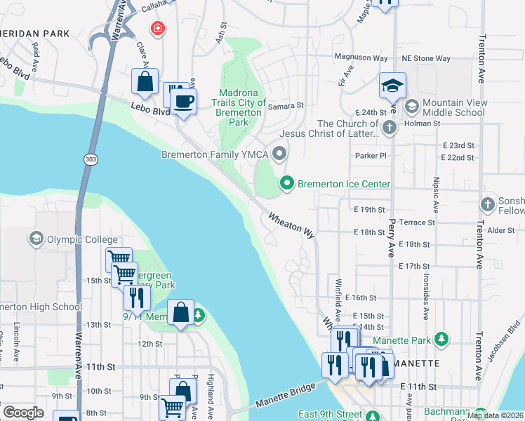 map of restaurants, bars, coffee shops, grocery stores, and more near 4031 Mountain View Drive in Bremerton