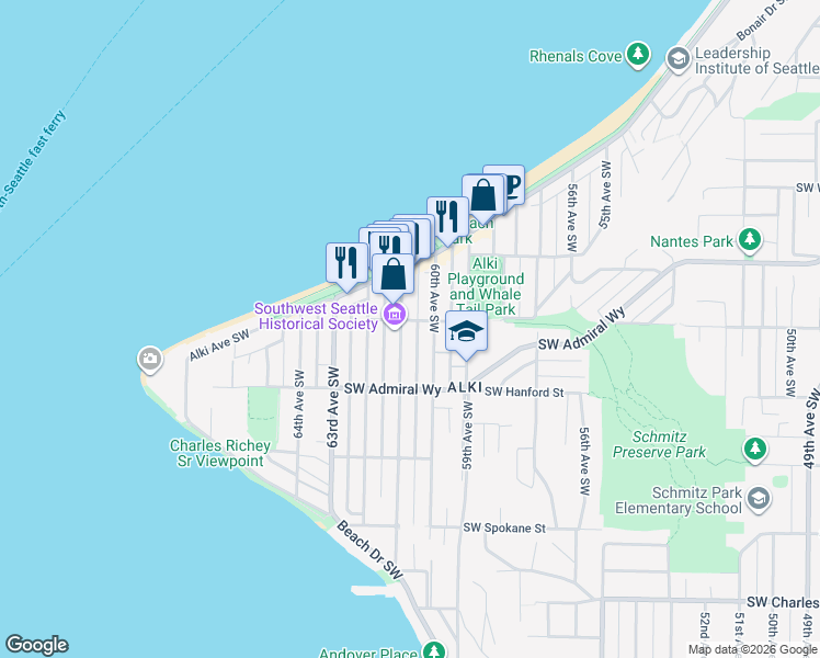 map of restaurants, bars, coffee shops, grocery stores, and more near 6023 Southwest Stevens Street in Seattle