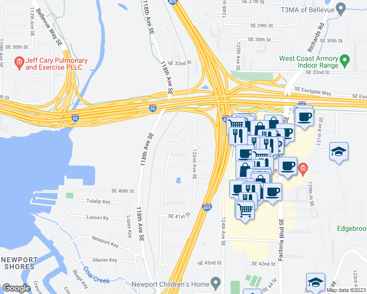 map of restaurants, bars, coffee shops, grocery stores, and more near 3562 120th Avenue Southeast in Bellevue