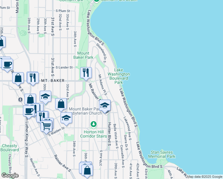 map of restaurants, bars, coffee shops, grocery stores, and more near 2844 Cascadia Avenue South in Seattle