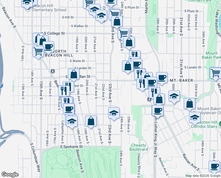 map of restaurants, bars, coffee shops, grocery stores, and more near 23rd Ave S & S Forest St in Seattle