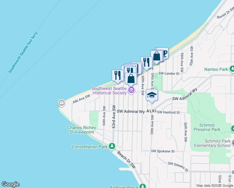 map of restaurants, bars, coffee shops, grocery stores, and more near 3028 63rd Avenue Southwest in Seattle