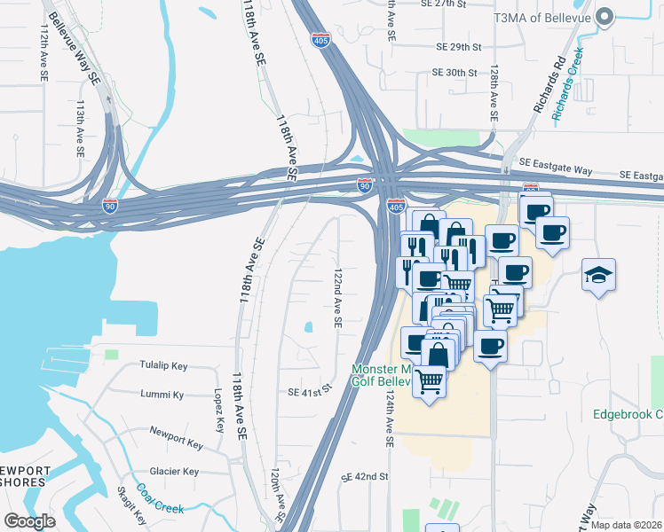 map of restaurants, bars, coffee shops, grocery stores, and more near 3695 122nd Avenue Southeast in Bellevue