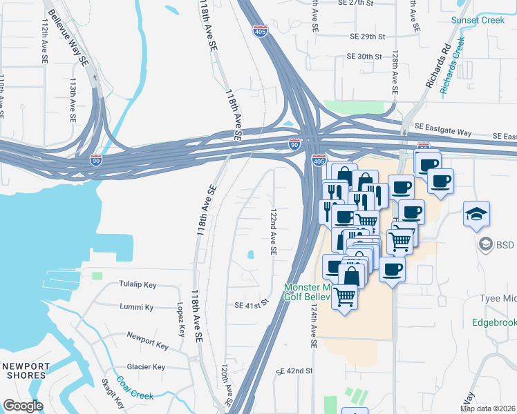map of restaurants, bars, coffee shops, grocery stores, and more near 12021 Southeast 37th Place in Bellevue