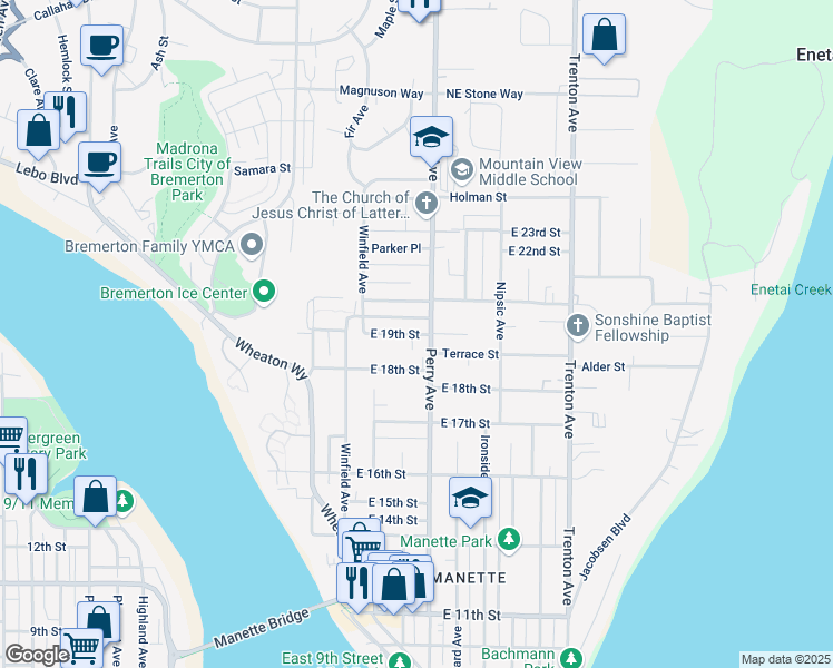 map of restaurants, bars, coffee shops, grocery stores, and more near 1805 Perry Avenue in Bremerton