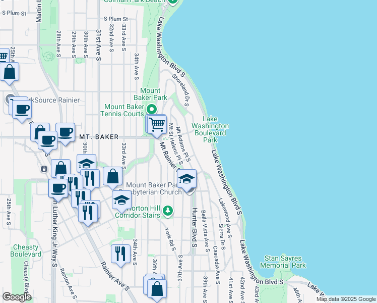 map of restaurants, bars, coffee shops, grocery stores, and more near 3706 South Ridgeway Place in Seattle