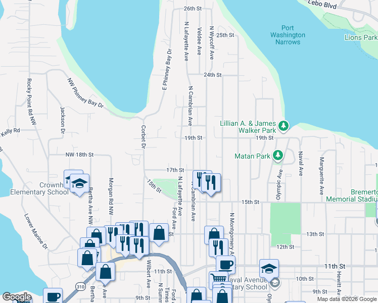 map of restaurants, bars, coffee shops, grocery stores, and more near 1718 North Lafayette Avenue in Bremerton