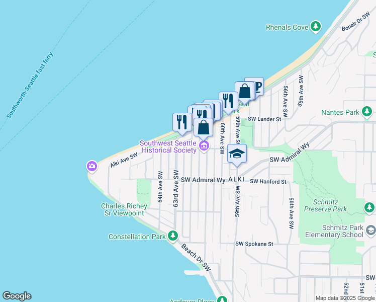 map of restaurants, bars, coffee shops, grocery stores, and more near 3027 62nd Avenue Southwest in Seattle