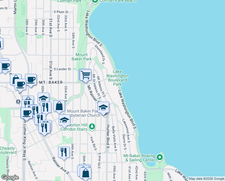map of restaurants, bars, coffee shops, grocery stores, and more near 2844 Cascadia Avenue South in Seattle