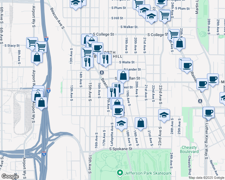 map of restaurants, bars, coffee shops, grocery stores, and more near 2922 Beacon Avenue South in Seattle