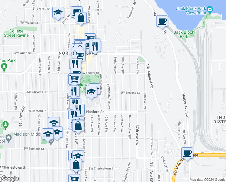 map of restaurants, bars, coffee shops, grocery stores, and more near 4004 Southwest Stevens Street in Seattle