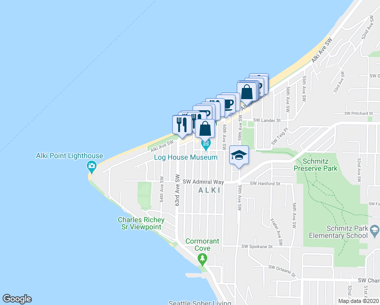 map of restaurants, bars, coffee shops, grocery stores, and more near 3027 62nd Avenue Southwest in Seattle