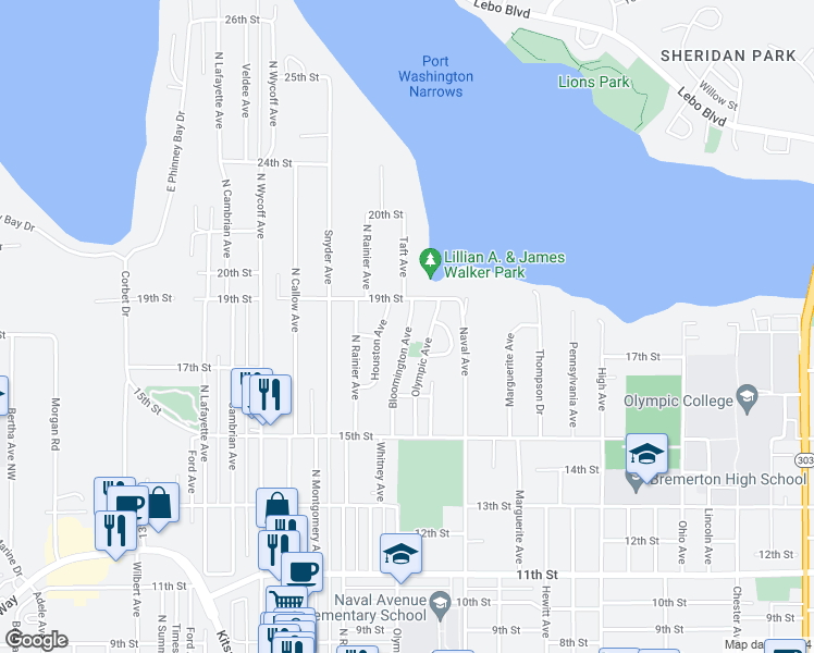 map of restaurants, bars, coffee shops, grocery stores, and more near 1703 Bloomington Avenue in Bremerton