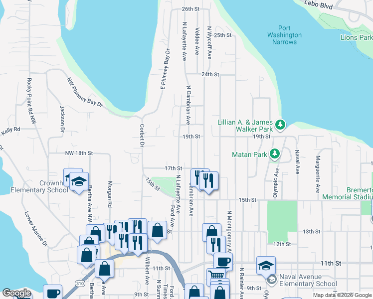 map of restaurants, bars, coffee shops, grocery stores, and more near 1718 North Lafayette Avenue in Bremerton