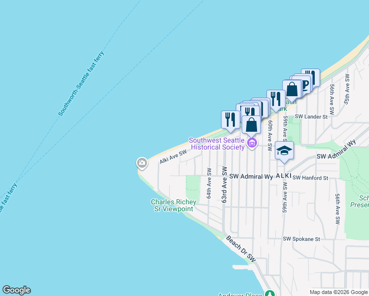 map of restaurants, bars, coffee shops, grocery stores, and more near 3021 Alki Avenue Southwest in Seattle