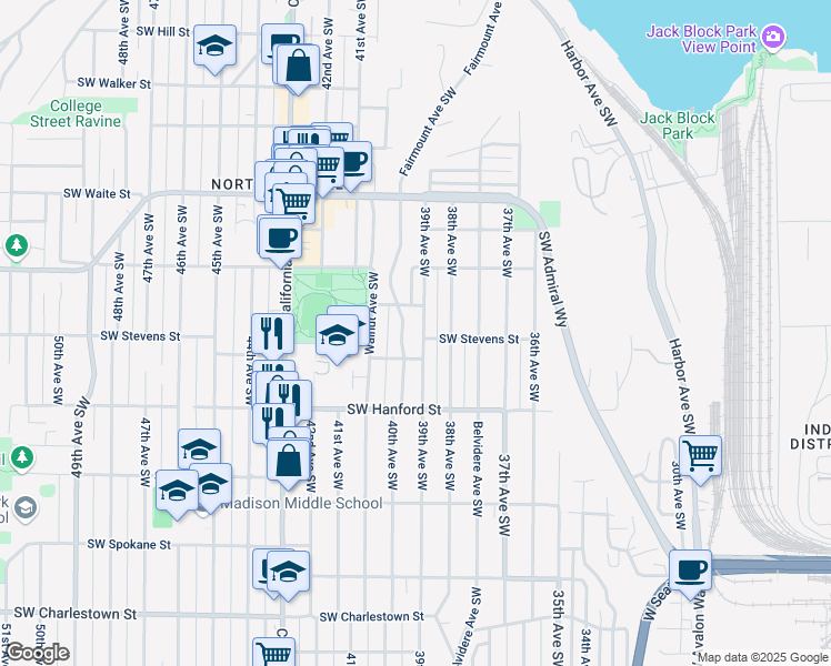 map of restaurants, bars, coffee shops, grocery stores, and more near 4004 Southwest Stevens Street in Seattle