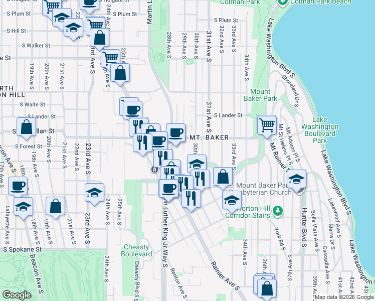 map of restaurants, bars, coffee shops, grocery stores, and more near 2880 Rainier Avenue South in Seattle