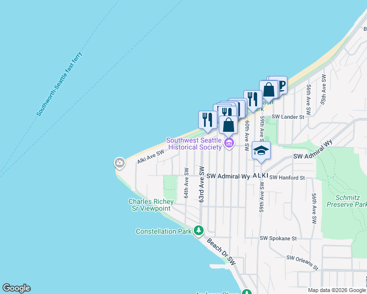 map of restaurants, bars, coffee shops, grocery stores, and more near 2938 Alki Avenue Southwest in Seattle