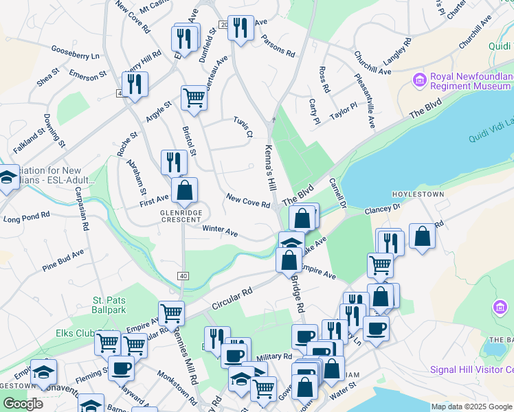 map of restaurants, bars, coffee shops, grocery stores, and more near 23 New Cove Road in St. John's