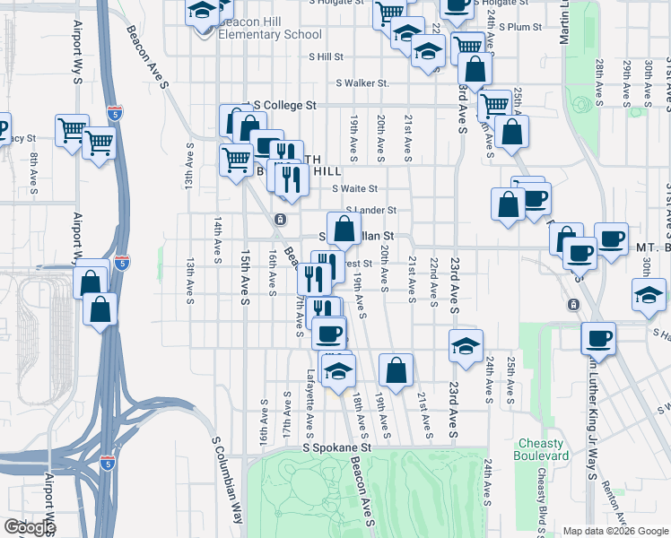 map of restaurants, bars, coffee shops, grocery stores, and more near 1815 South Stevens Street in Seattle