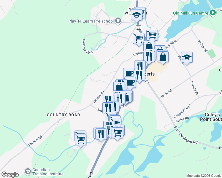 map of restaurants, bars, coffee shops, grocery stores, and more near 65 Country Road in Coley's Point South
