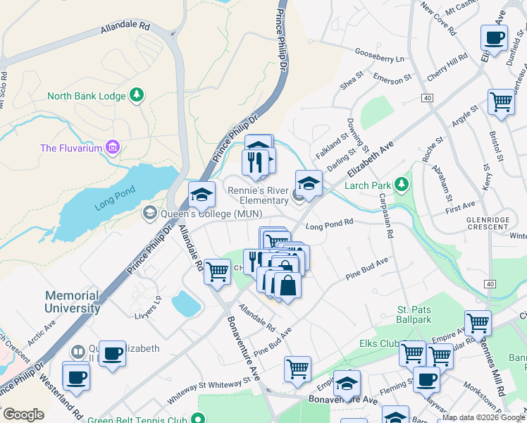 map of restaurants, bars, coffee shops, grocery stores, and more near 6 Strawberry Marsh Road in St. John's