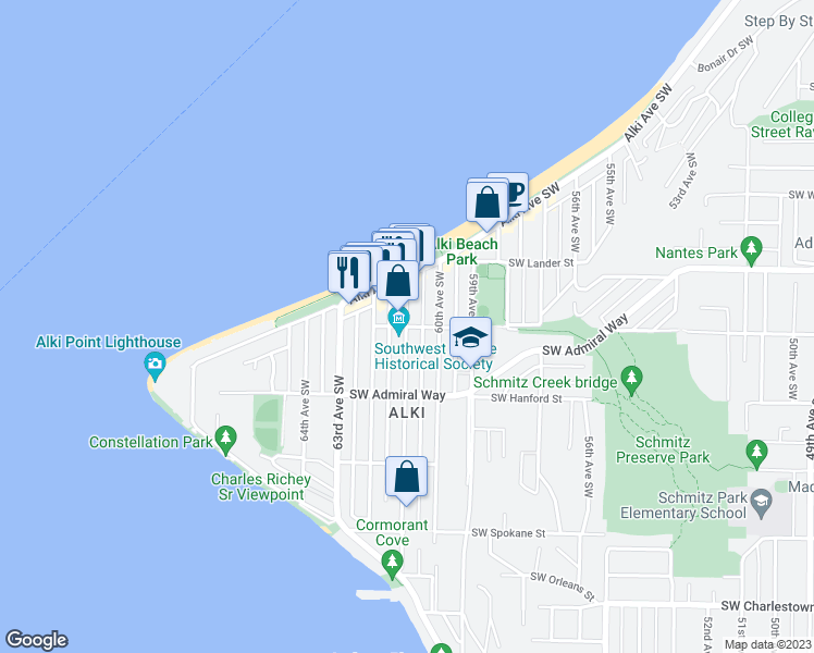 map of restaurants, bars, coffee shops, grocery stores, and more near Southwest Stevens Street & 61st Avenue Southwest in Seattle