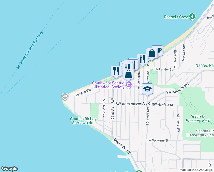 map of restaurants, bars, coffee shops, grocery stores, and more near 2920 Alki Avenue Southwest in Seattle