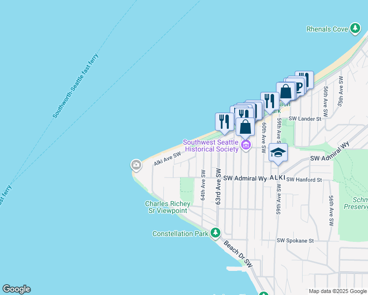 map of restaurants, bars, coffee shops, grocery stores, and more near 3007 Alki Avenue Southwest in Seattle
