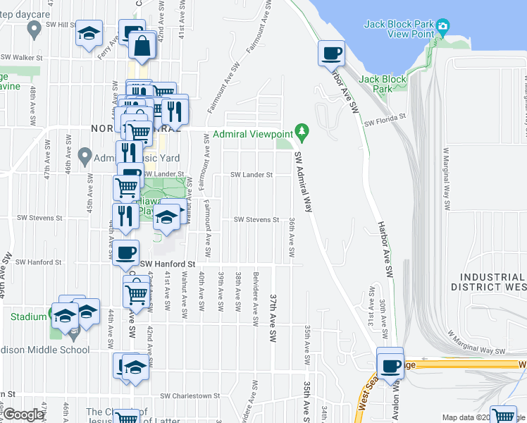 map of restaurants, bars, coffee shops, grocery stores, and more near 2750 Belvidere Avenue Southwest in Seattle