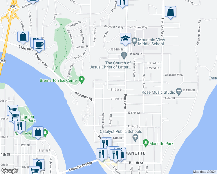 map of restaurants, bars, coffee shops, grocery stores, and more near 2103 East Highlands Street in Bremerton