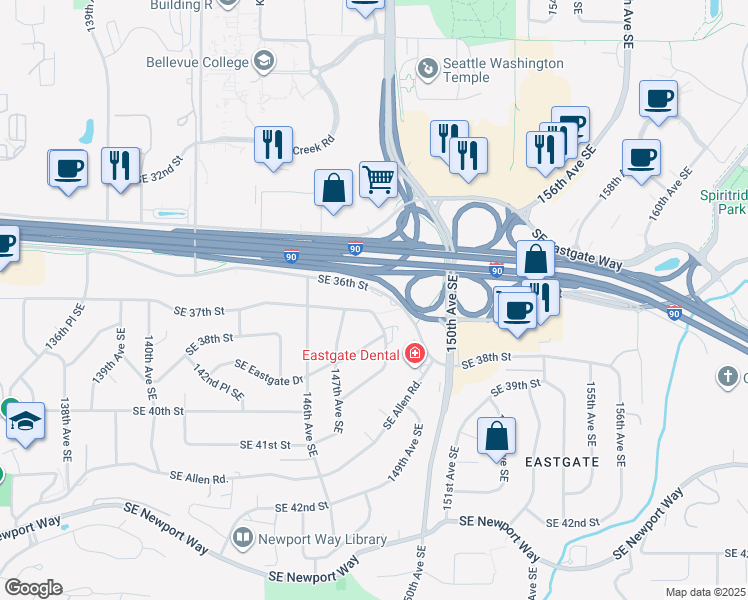 map of restaurants, bars, coffee shops, grocery stores, and more near 14718 Southeast 36th Street in Bellevue